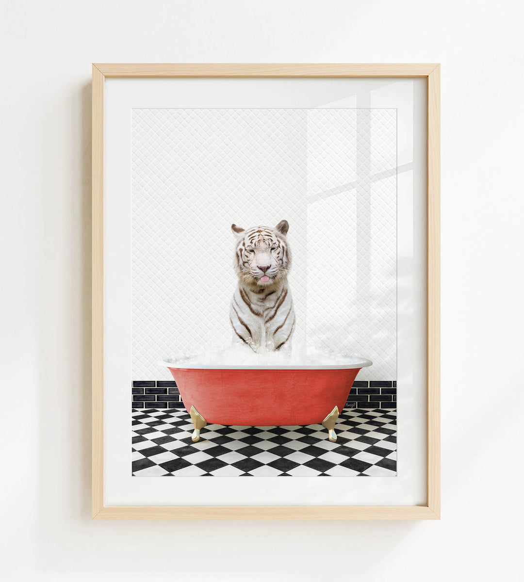 A white tiger is sitting in a red bathtub, surrounded by a black and white checkered floor.