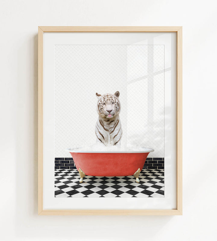 A white tiger is sitting in a red bathtub, surrounded by a black and white checkered floor.
