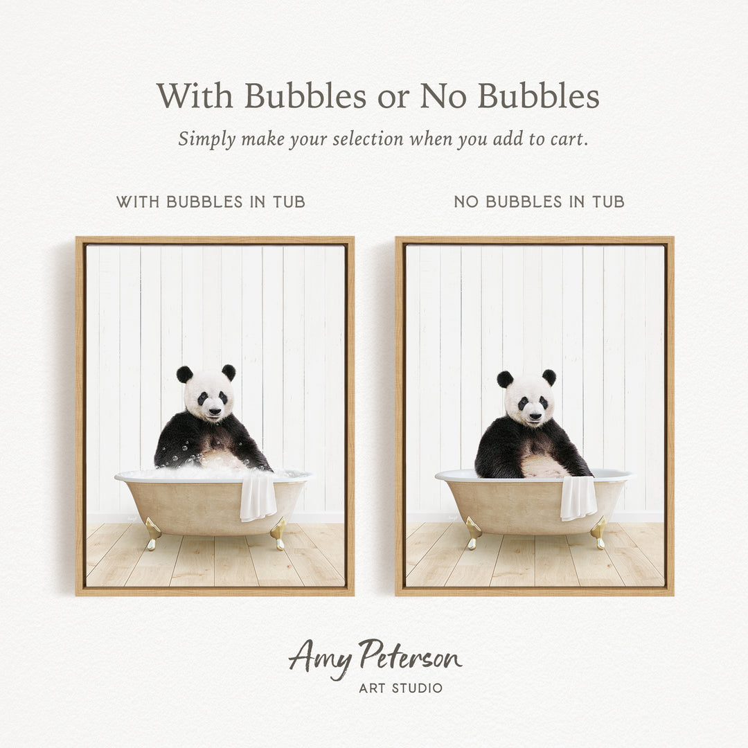 The image is a collage of two pictures featuring a panda bear sitting in a bathtub. The panda bear is sitting on a towel, and the bathtub appears to be made of wood. The text above the images reads "With Bubbles or No Bubbles" and "Simply make your selection when you add to cart."