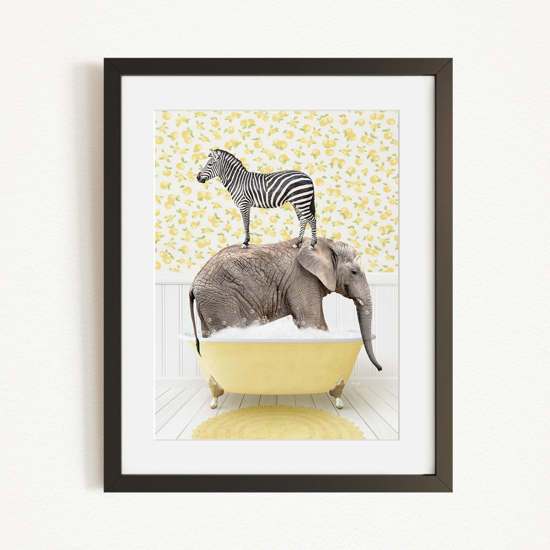 A zebra standing on an elephant's back, both in a yellow bathtub, against a yellow and white floral background.