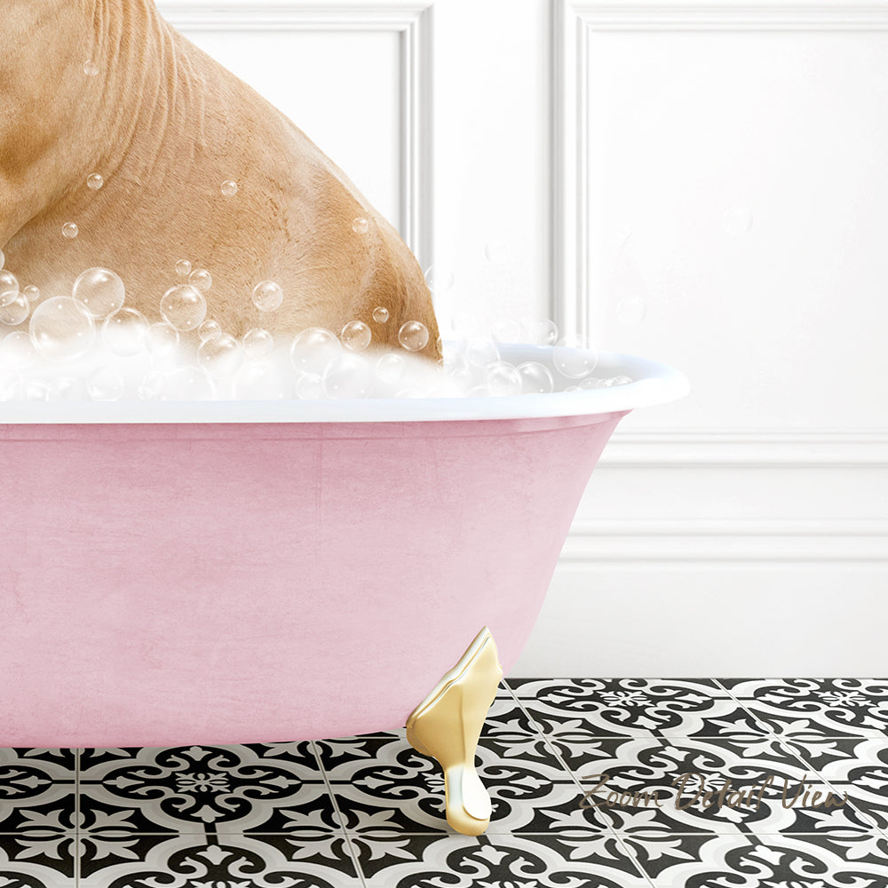A pink bathtub filled with bubbles, with a dog standing inside it.