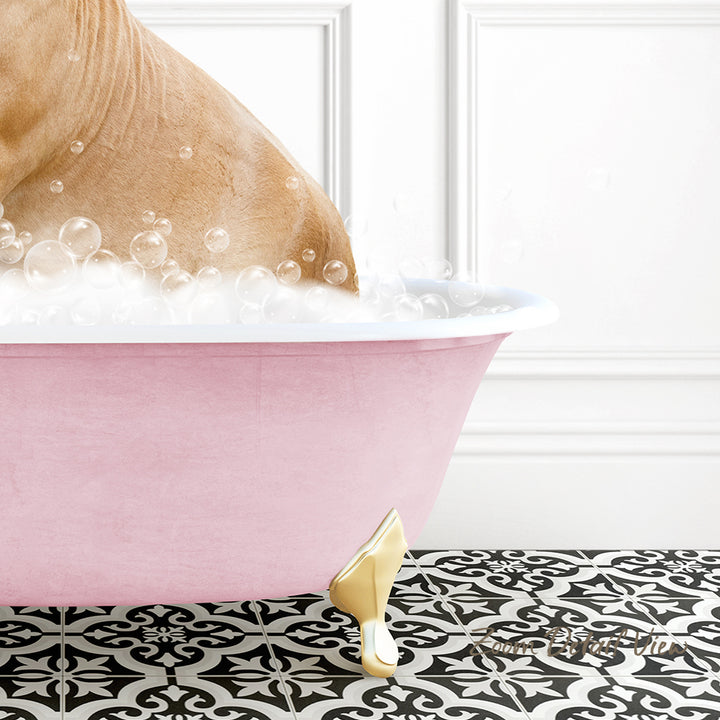 A pink bathtub filled with bubbles, with a dog standing inside it.