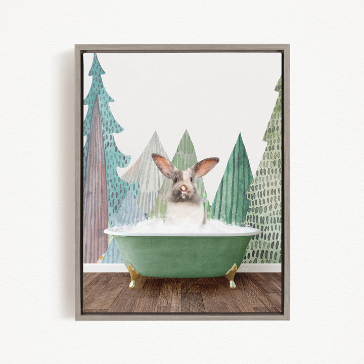 A rabbit sitting in a green bathtub, surrounded by a forest-themed background with trees and snow.