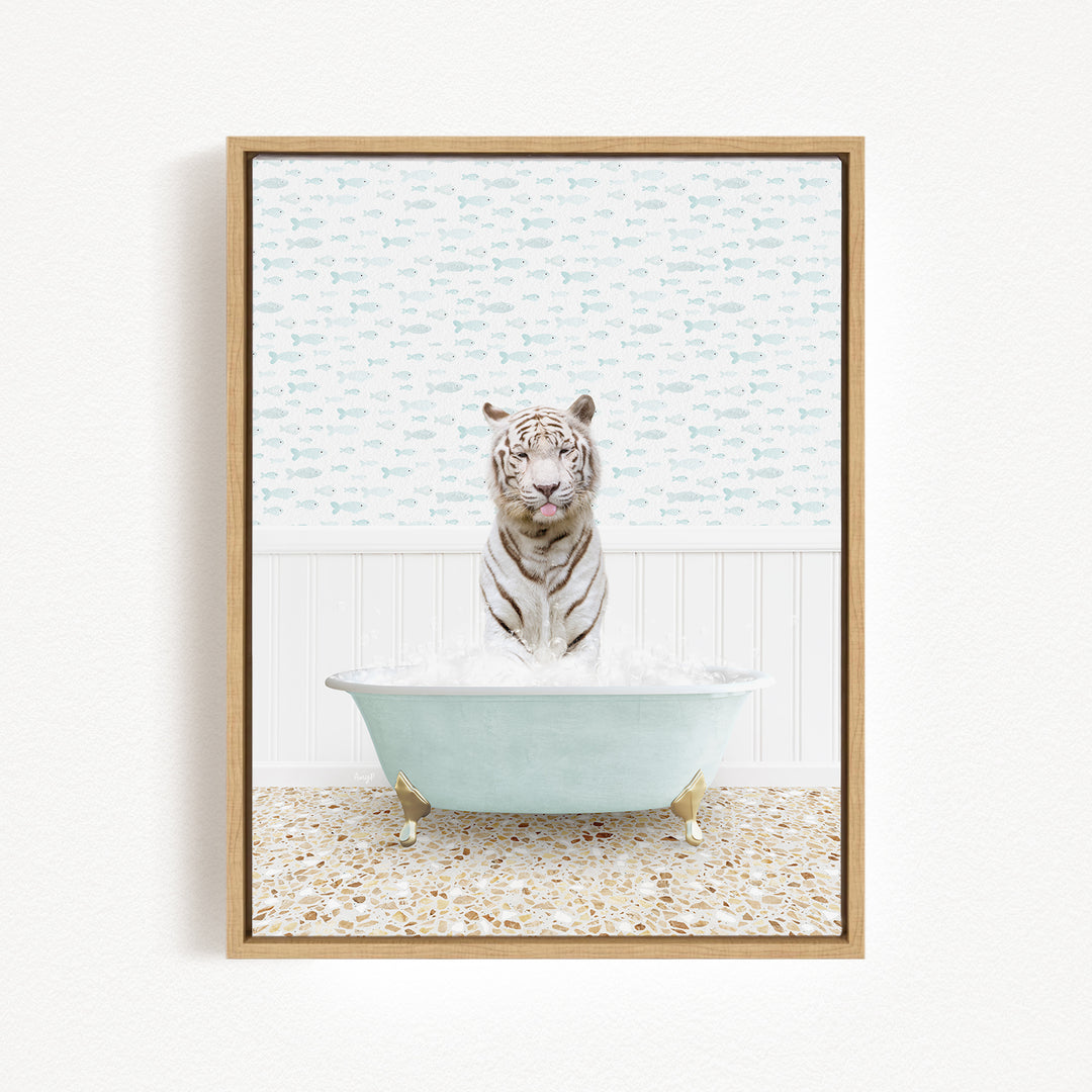A white tiger is sitting in a light blue bathtub filled with water, surrounded by a patterned wall and a tiled floor.