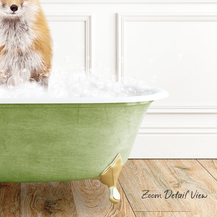 A fluffy dog is sitting in a green bathtub filled with bubbles, with a wooden floor and white walls in the background.