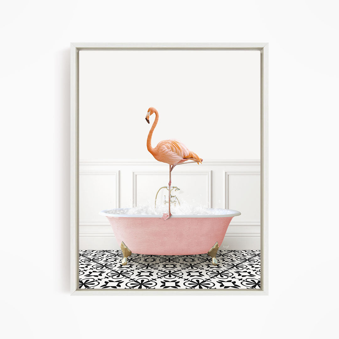 A pink flamingo standing on the edge of a pink bathtub filled with water, set against a white wall with a black and white patterned floor.