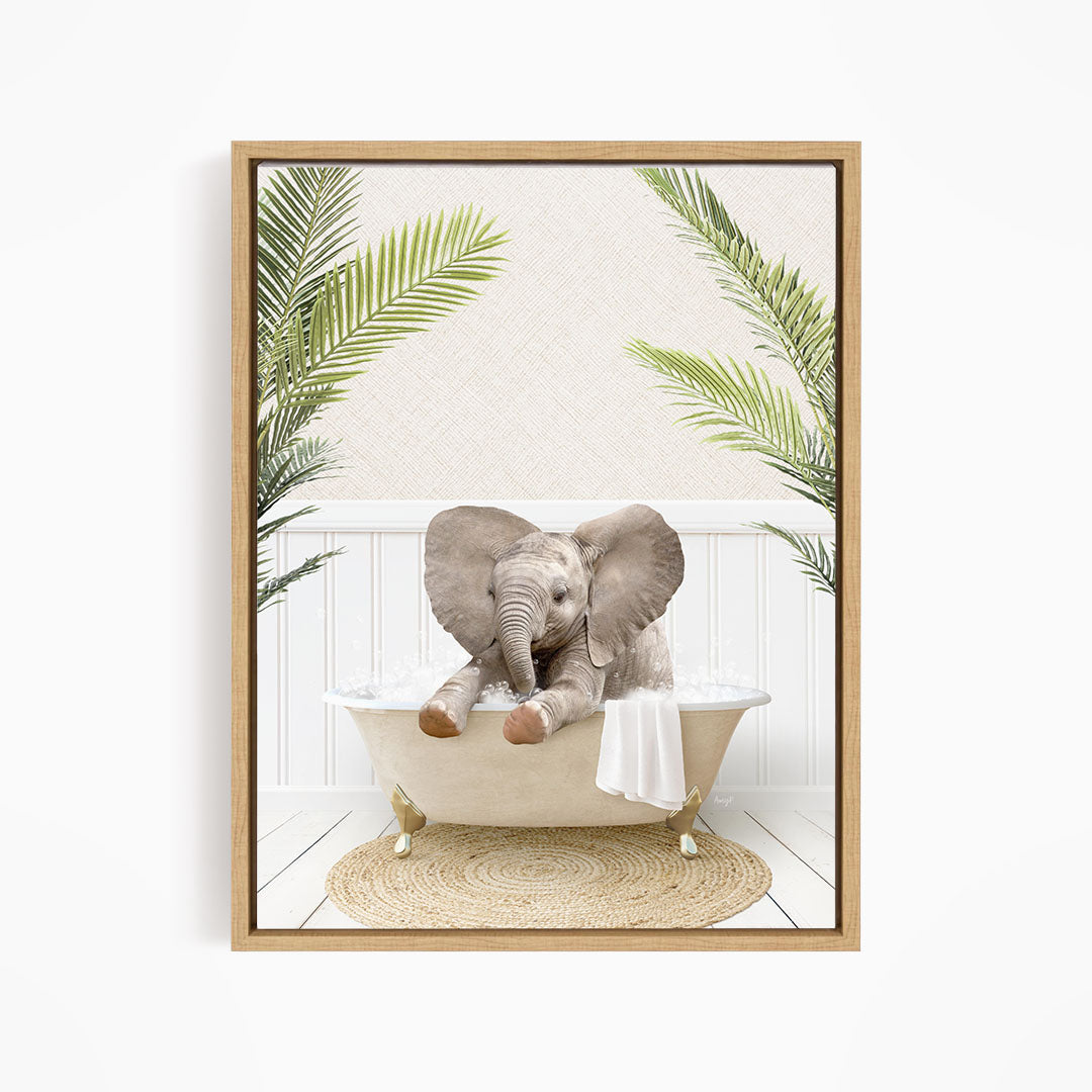 A baby elephant sitting in a bathtub, surrounded by palm leaves, creating a whimsical and playful scene.