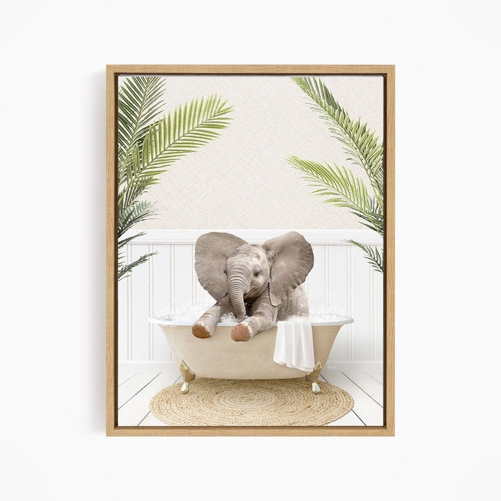 A baby elephant sitting in a bathtub, surrounded by palm leaves, creating a whimsical and playful scene.