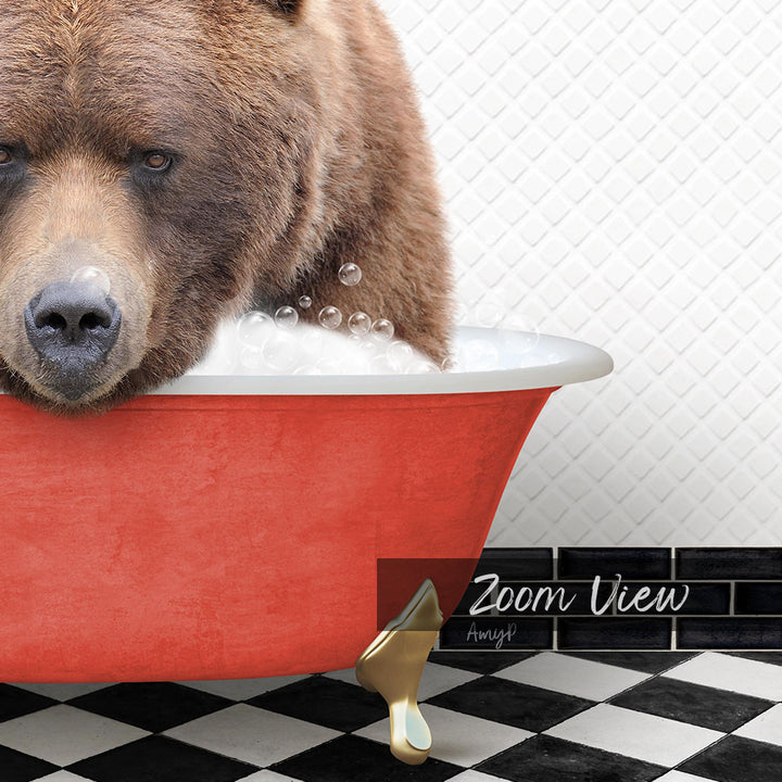 A large brown bear is sitting in a red bathtub filled with bubbles, with a black and white checkered floor and a tile wall in the background.