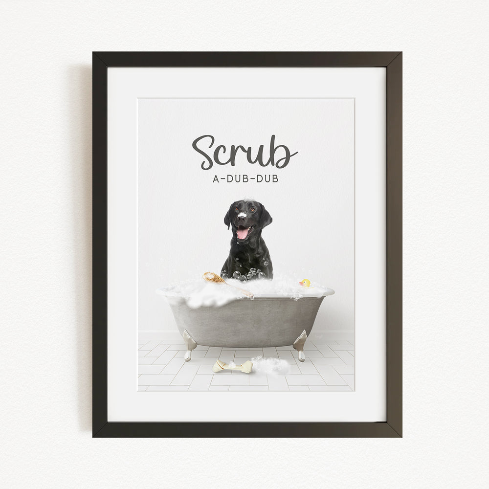 A black dog sitting in a bathtub filled with bubbles, with the text "Scrub A-DUB-DUB" displayed above the dog.