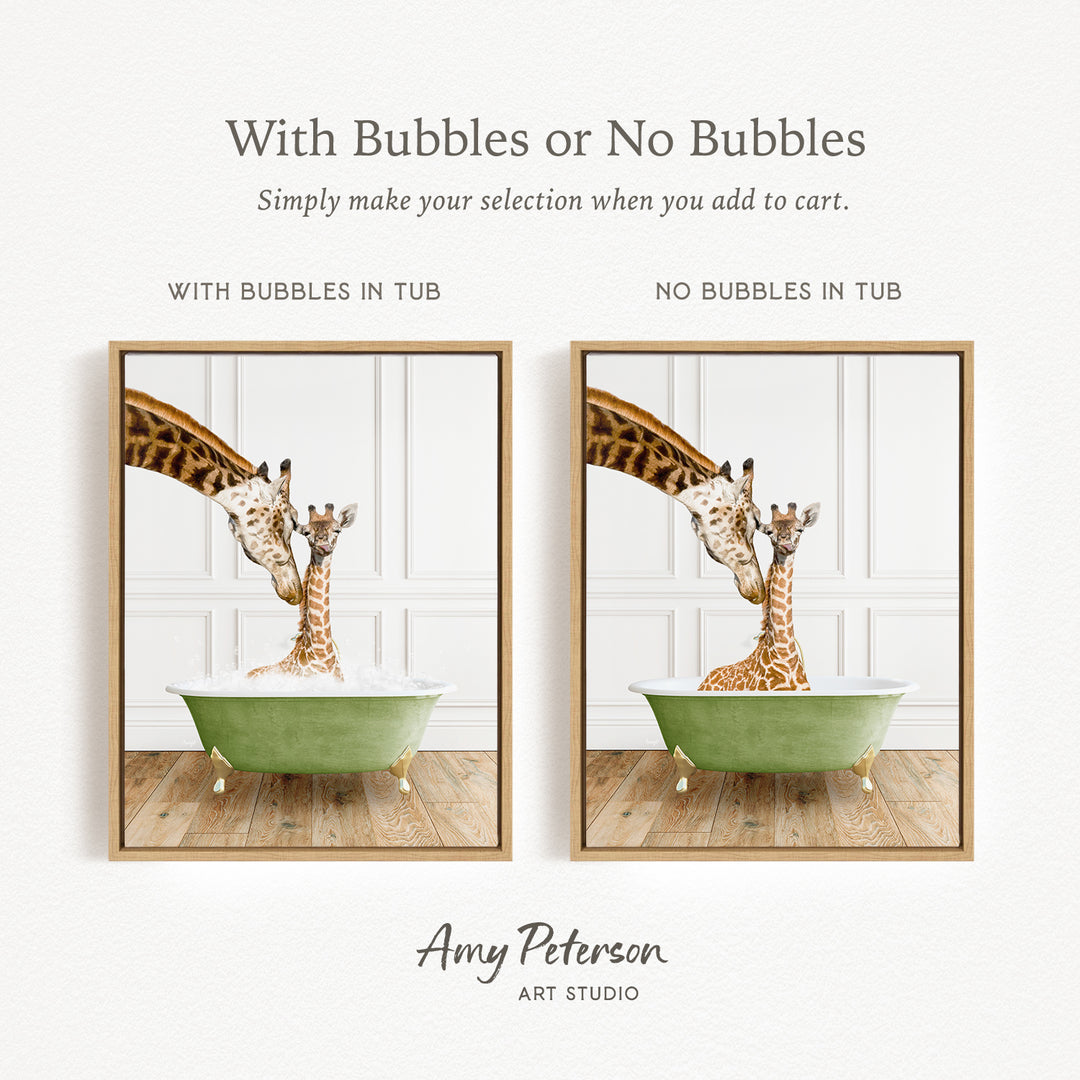 The image is a collage of two framed pictures depicting giraffes in bathtubs. The first picture shows a giraffe in a tub with bubbles, while the second picture shows a giraffe in a tub without bubbles. The text above the images reads "With Bubbles or No Bubbles Simply make your selection when you add to cart."