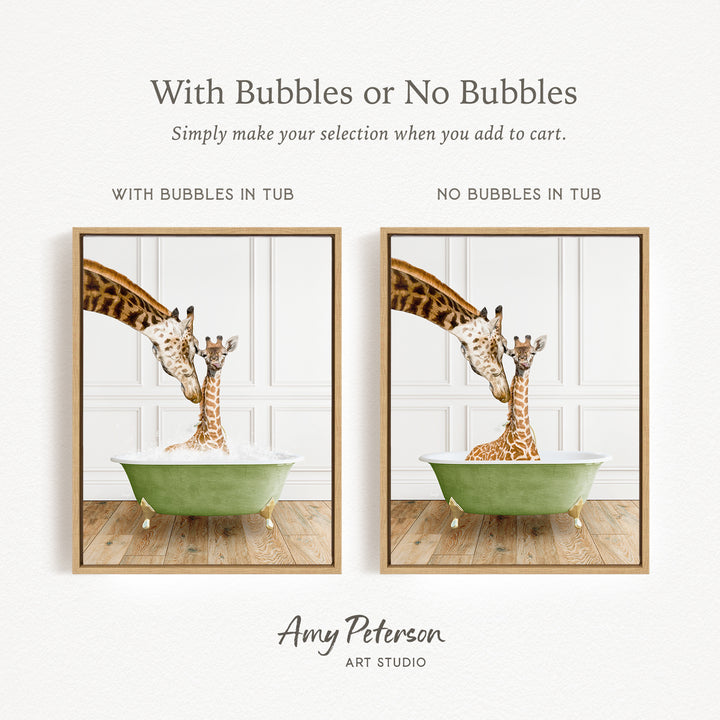 The image is a collage of two framed pictures depicting giraffes in bathtubs. The first picture shows a giraffe in a tub with bubbles, while the second picture shows a giraffe in a tub without bubbles. The text above the images reads "With Bubbles or No Bubbles Simply make your selection when you add to cart."