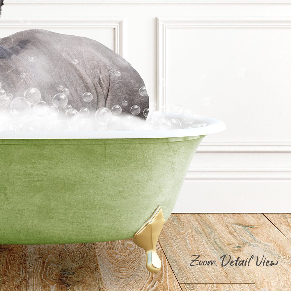 A green bathtub filled with bubbles, with a gray elephant partially submerged in the water.