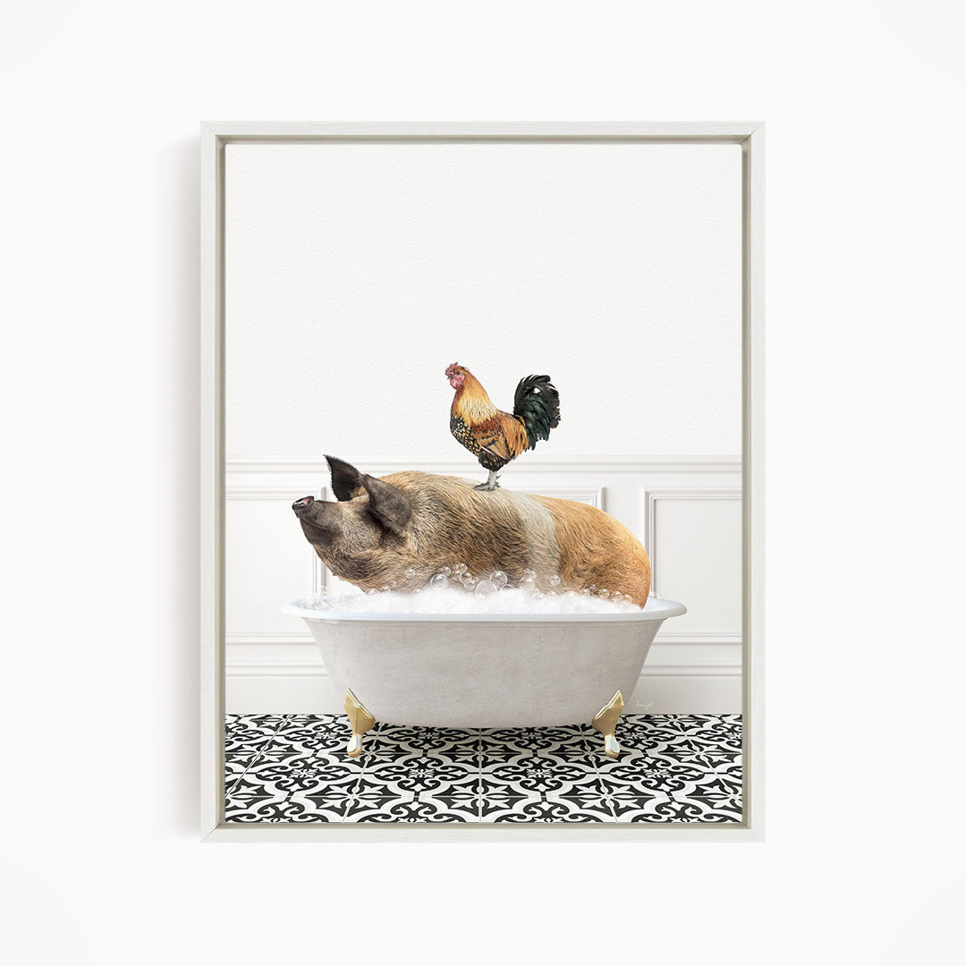 A rooster sits atop a pig in a bathtub, creating a whimsical and humorous scene.