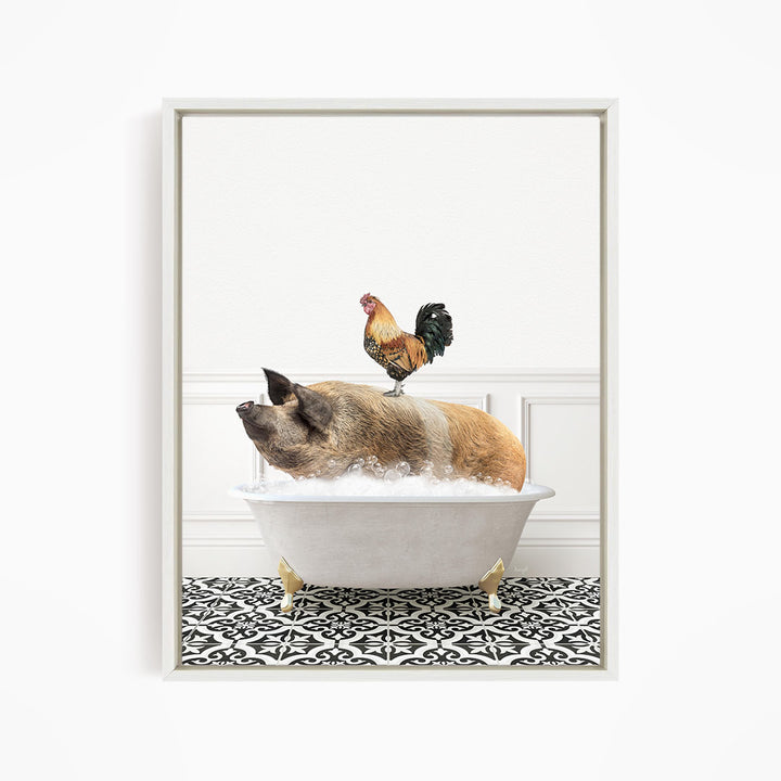 A rooster sits atop a pig in a bathtub, creating a whimsical and humorous scene.