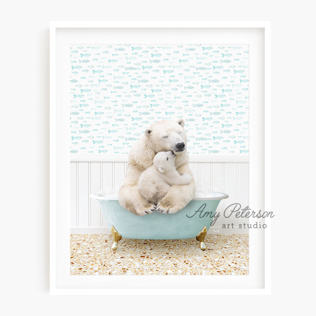 a polar bear and her cub are sitting in a bathtub