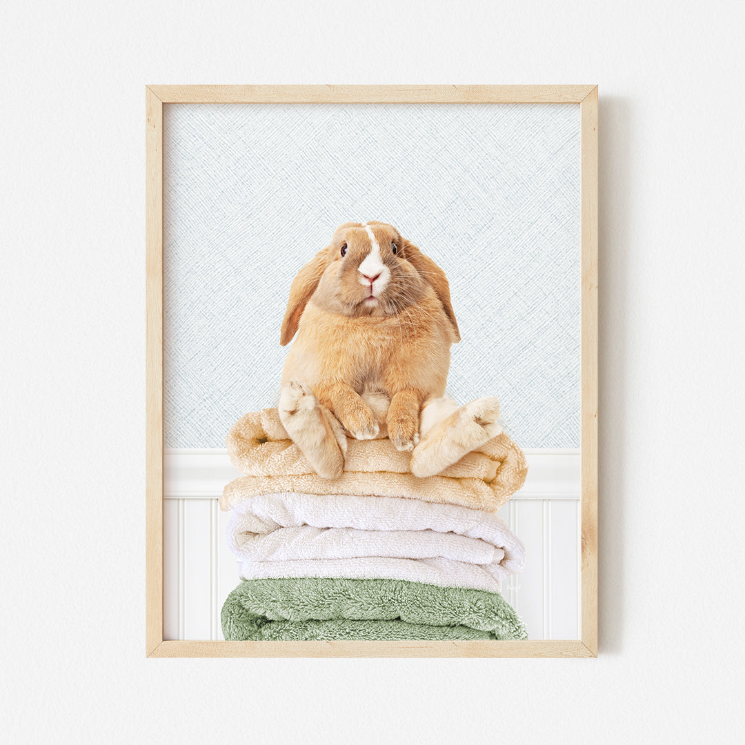 a rabbit sitting on top of a pile of folded towels