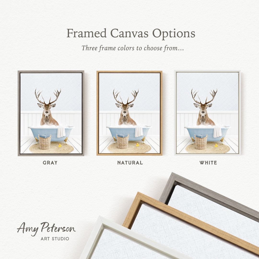 three framed canvas options featuring a deer in a bathtub, with each option having a different frame color: gray, natural, and white.