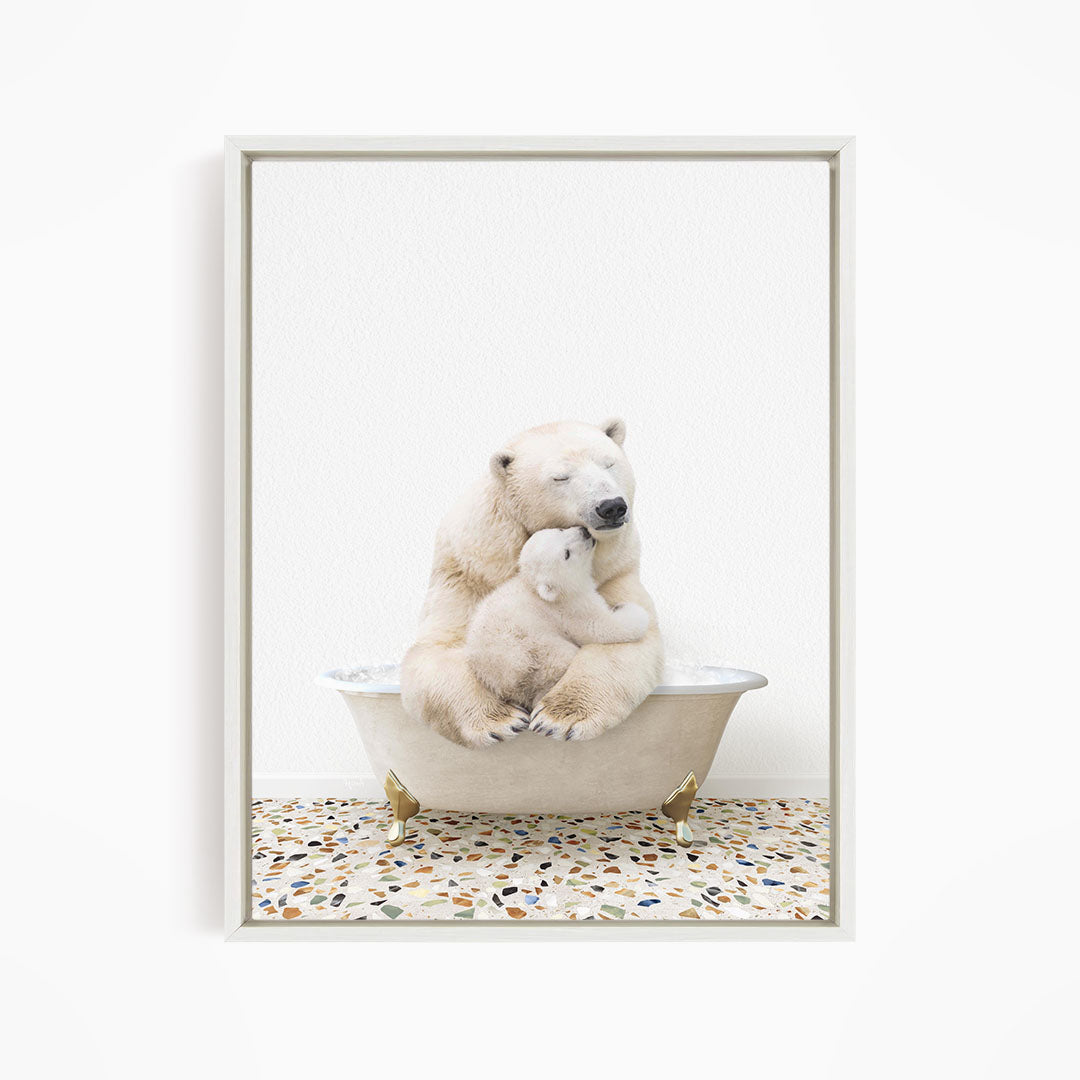 A polar bear is sitting in a bathtub, with its cub nestled close to it, creating a heartwarming scene.