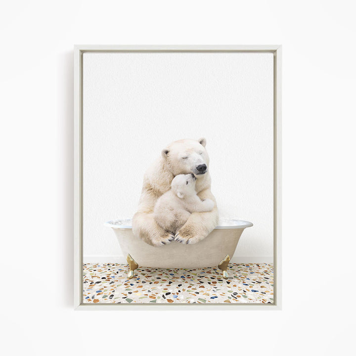 A polar bear is sitting in a bathtub, with its cub nestled close to it, creating a heartwarming scene.