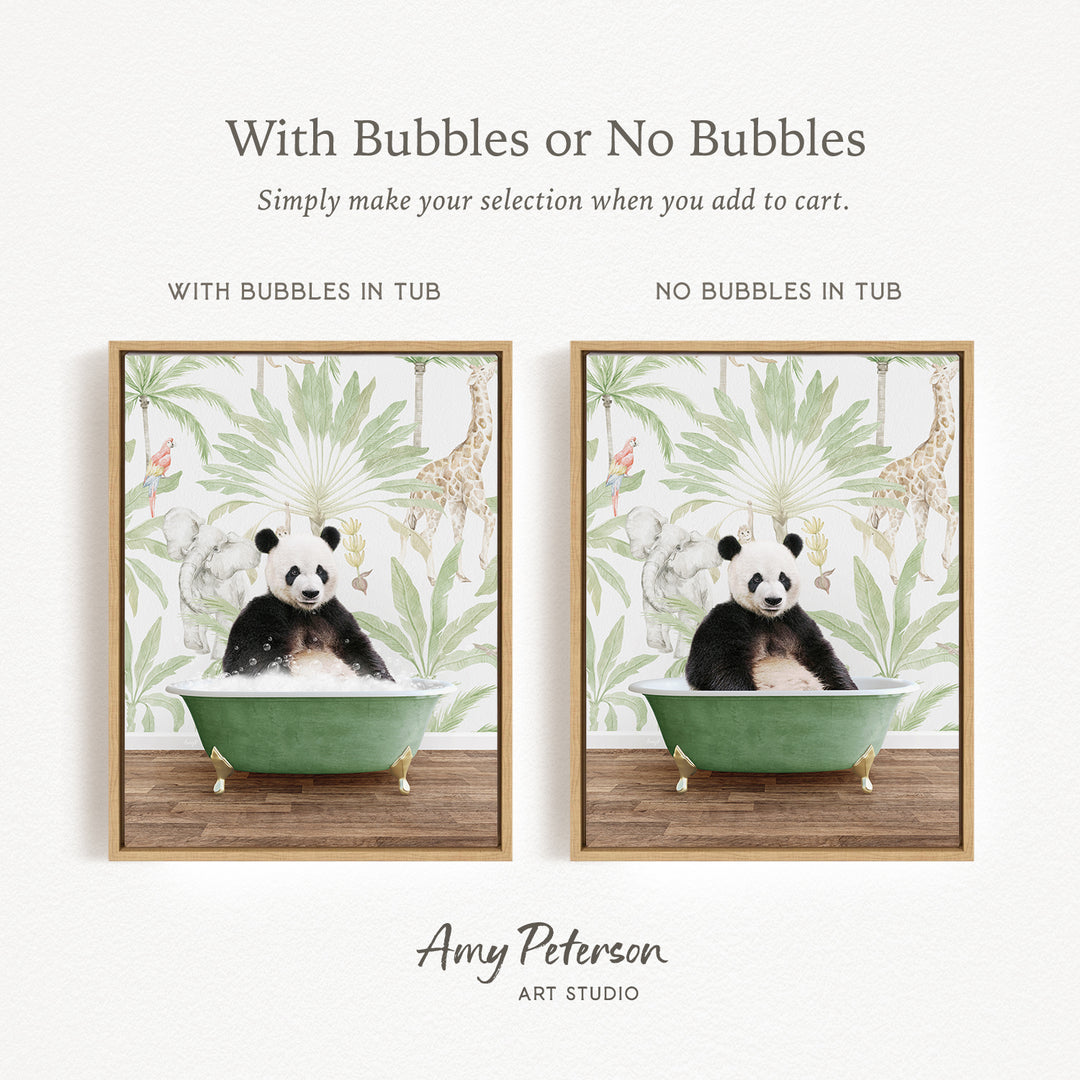 The image is a collage of two pictures featuring a panda bear sitting in a green bathtub. The panda bear is surrounded by a tropical jungle theme, with palm trees and other wildlife elements. The collage includes a frame with the text "With Bubbles or No Bubbles" and "NO Bubbles IN TUB" to indicate the presence of bubbles in the bathtub. The image is titled "With Bubbles or No Bubbles" and is credited to Amy Peterson from Art Studio.