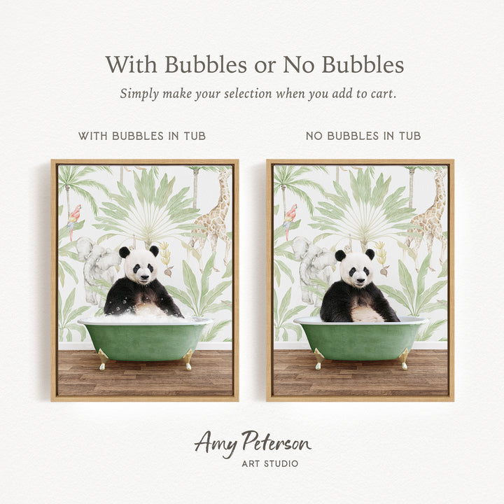 The image is a collage of two pictures featuring a panda bear sitting in a green bathtub. The panda bear is surrounded by a tropical jungle theme, with palm trees and other wildlife elements. The collage includes a frame with the text "With Bubbles or No Bubbles" and "NO Bubbles IN TUB" to indicate the presence of bubbles in the bathtub. The image is titled "With Bubbles or No Bubbles" and is credited to Amy Peterson from Art Studio.