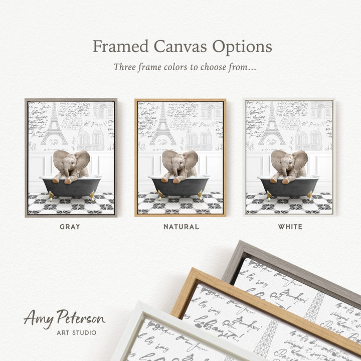 The image is a framed canvas option showcasing three different frame colors: gray, natural, and white. The canvas features a black and white image of two elephants sitting in a bathtub, with the text "Three frame colors to choose from..." displayed above the images.