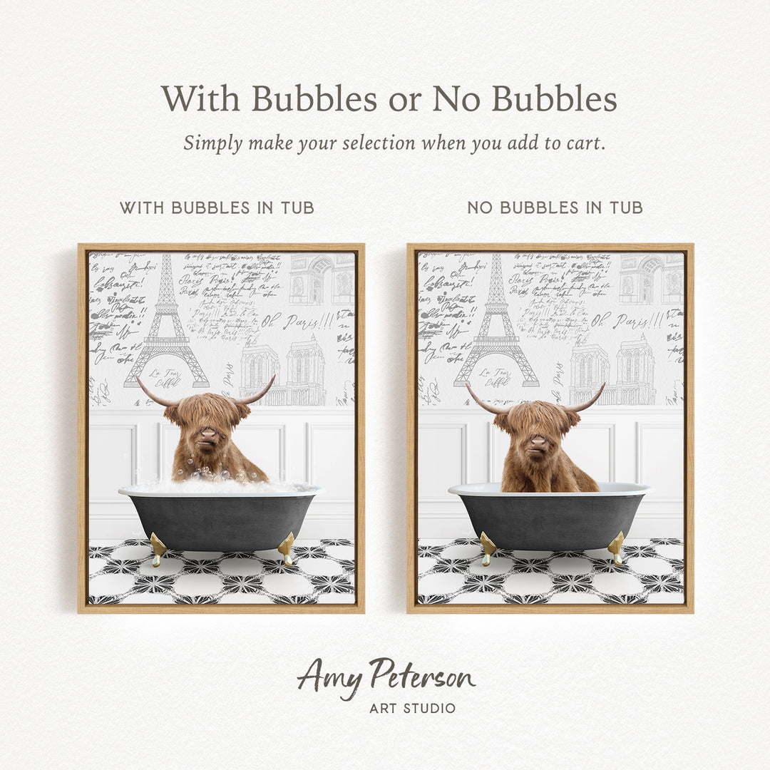 The image is a collage of two pictures featuring a Highland cow sitting in a bathtub. The cow has long horns and appears to be enjoying the bath. The collage includes a framed image of the cow in the tub with bubbles, and another framed image of the cow in the tub without bubbles. The text above the images reads "With Bubbles or No Bubbles Simply make your selection when you add to cart."