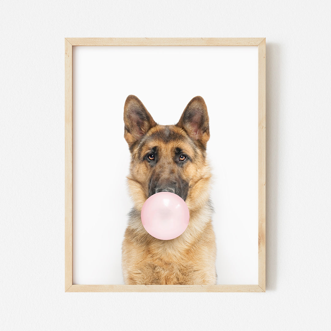 a dog with a pink bubble in its mouth