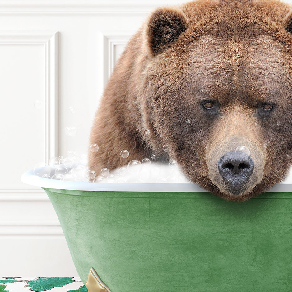 a large brown bear sitting in a bath tub