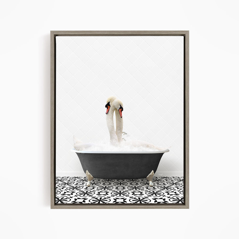 A pair of swans bathing in a bathtub, with a black and white patterned tile floor beneath them.