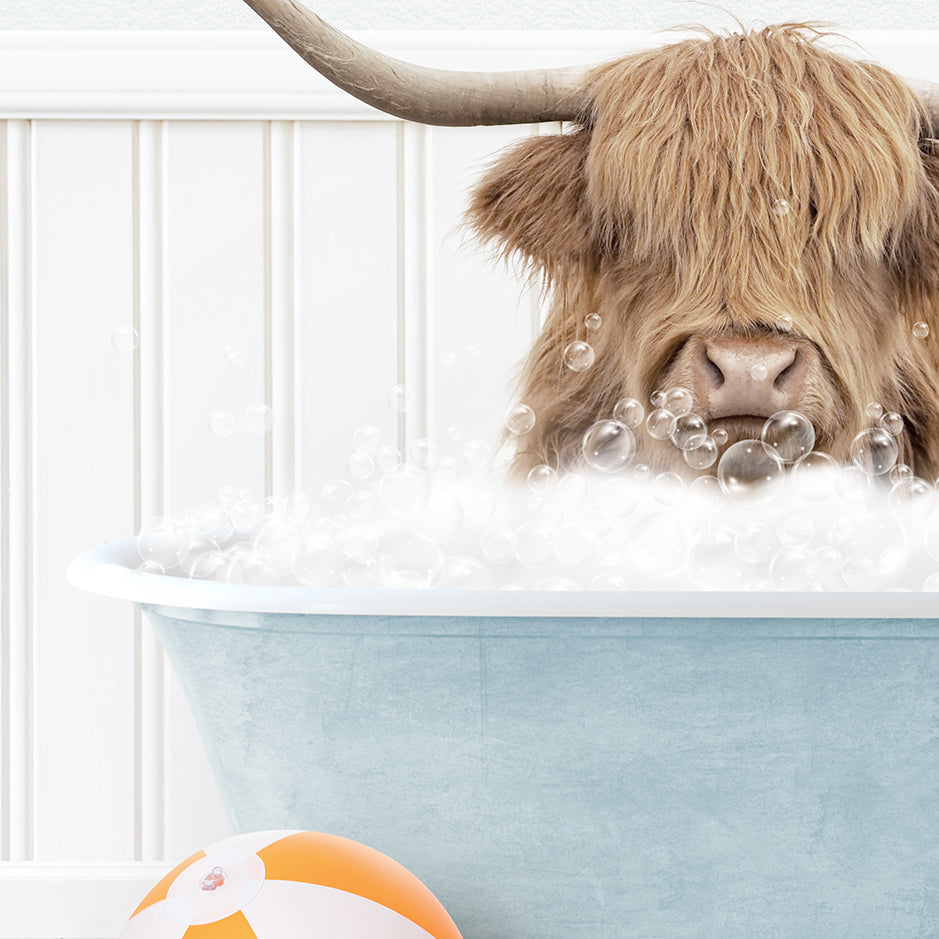 a hairy bull is taking a bath in a blue bathtub