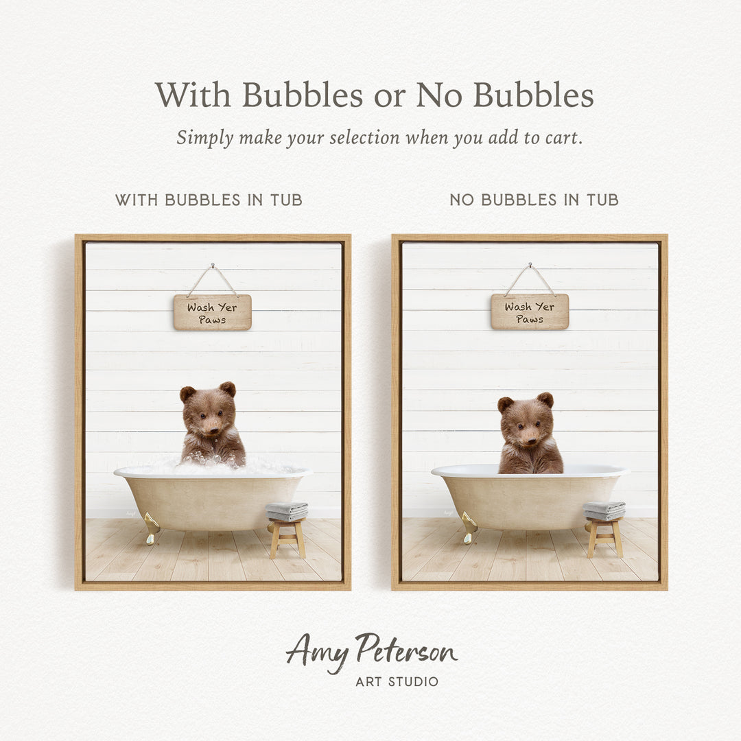 The image is a collage of two pictures featuring a teddy bear sitting in a bathtub. The teddy bear is wearing a sign that says "Wash Yer Pants". The sign is hanging from the side of the bathtub. The image on the left has bubbles in the tub, while the image on the right does not have bubbles.