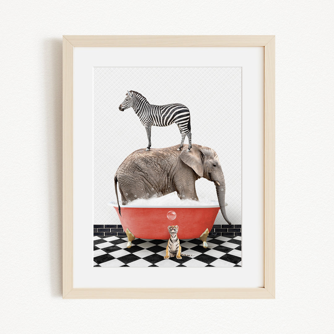 A zebra stands on top of an elephant in a red bathtub, with a tiger sitting nearby on a black and white checkered floor.