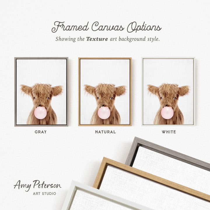 three framed canvas options, each featuring a close-up of a brown cow blowing a bubble with a pink bubble gum bubble. The options are labeled "GRY", "NATURAL", and "WHITE".