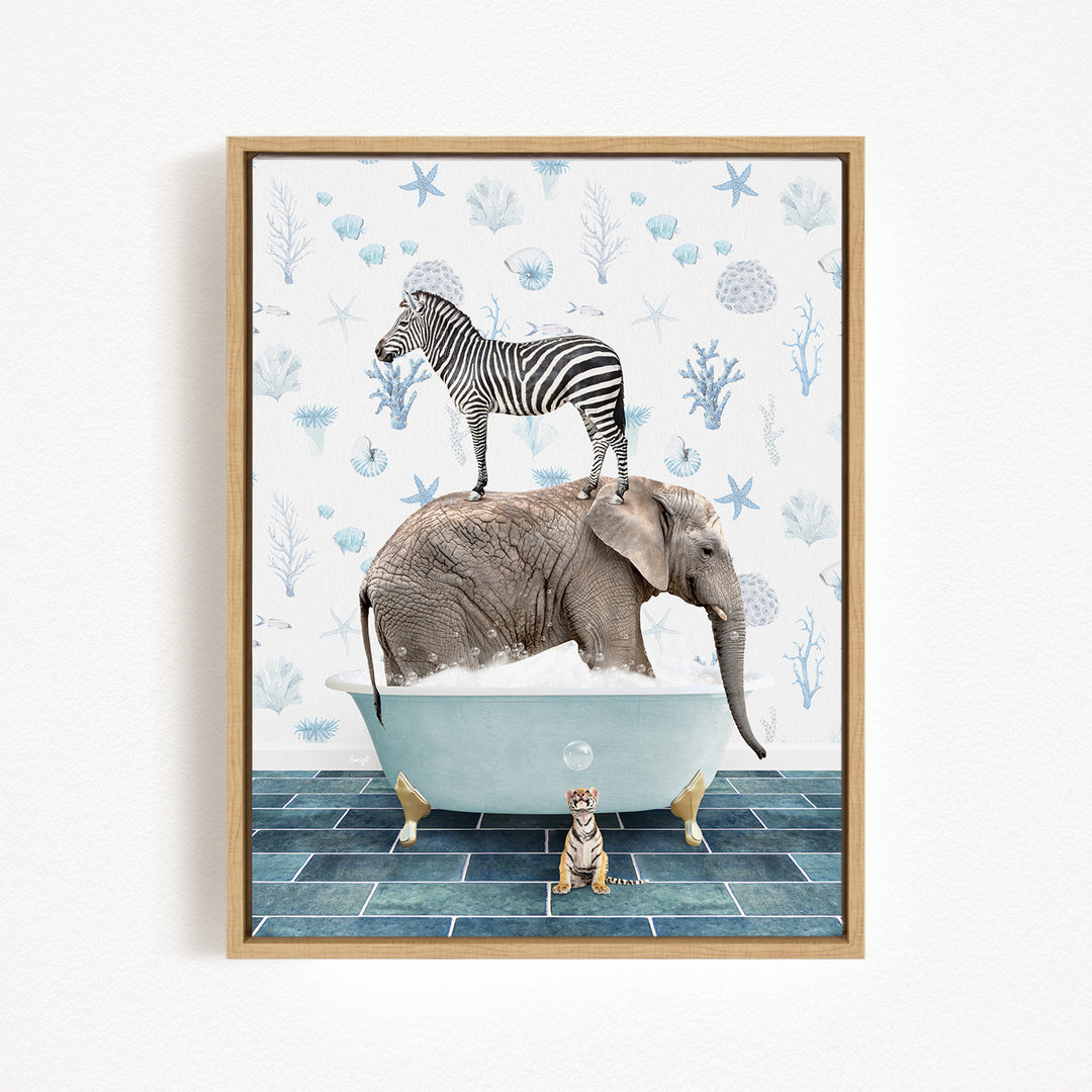 A zebra stands on the back of an elephant in a bathtub, with a small tiger sitting in the tub below.