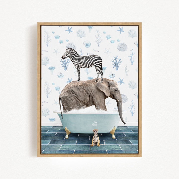 A zebra stands on the back of an elephant in a bathtub, with a small tiger sitting in the tub below.