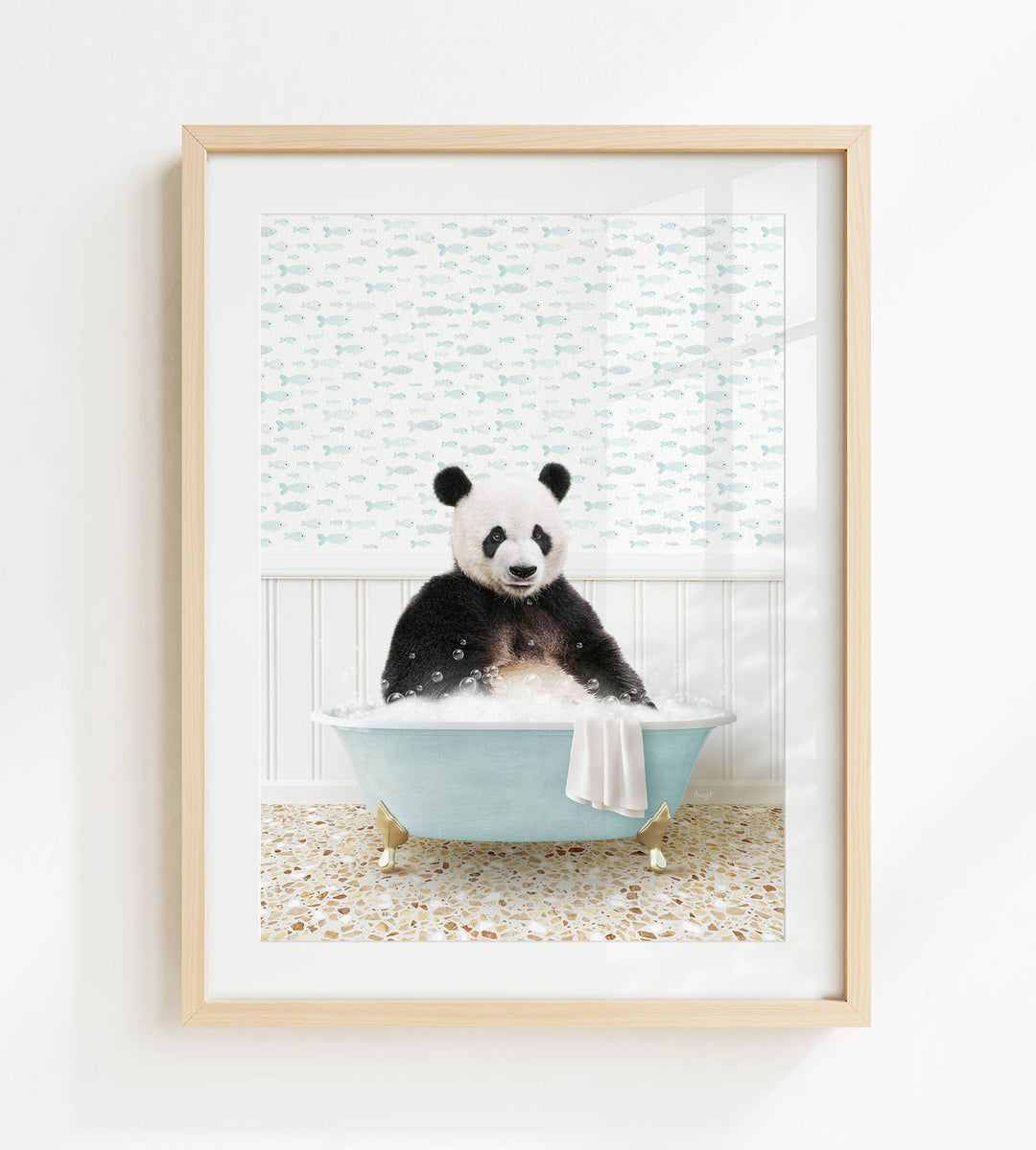 A panda bear sitting in a blue bathtub filled with bubbles, surrounded by a patterned wall and a tiled floor.