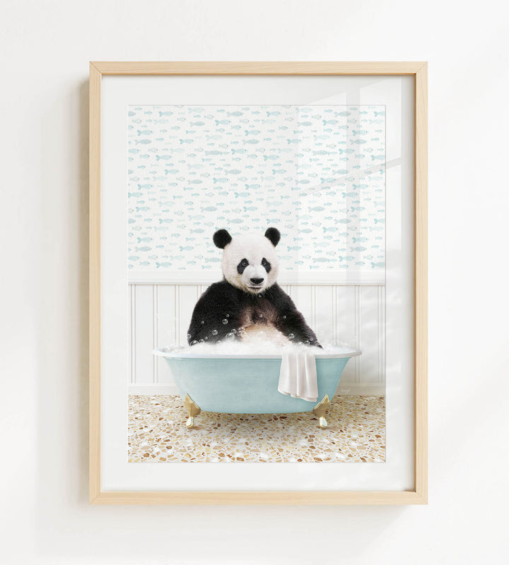 A panda bear sitting in a blue bathtub filled with bubbles, surrounded by a patterned wall and a tiled floor.