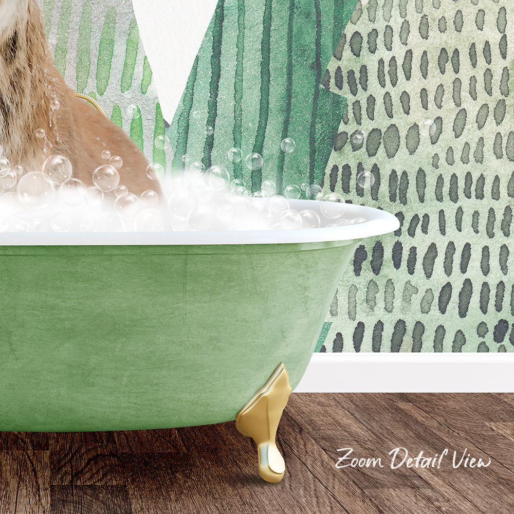 A cat is sitting in a green bathtub filled with bubbles, with a patterned wall in the background.