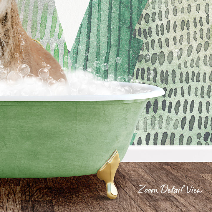 A cat is sitting in a green bathtub filled with bubbles, with a patterned wall in the background.