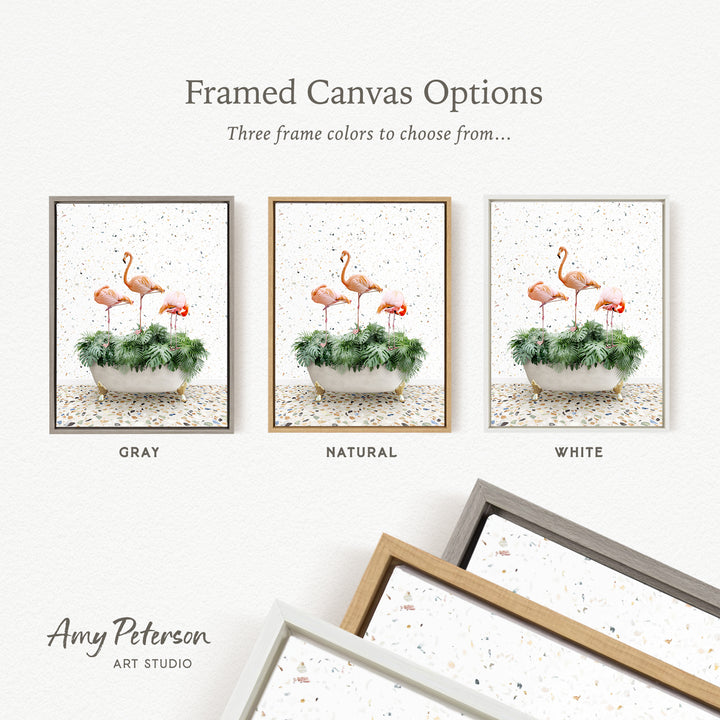 three framed canvas options, each featuring a different color and frame style. The options include a gray frame, a natural frame, and a white frame. The text above the options reads " Framed Canvas Options" and "Three frame colors to choose from...". The text below the options reads "GRY", "NATURAL", and "WHITE". The artist's name, " Amy Peterson ART STUDIO", is also included in the image.