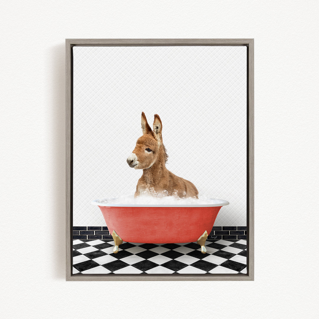 A donkey is sitting in a red bathtub filled with water, surrounded by a black and white checkered floor.