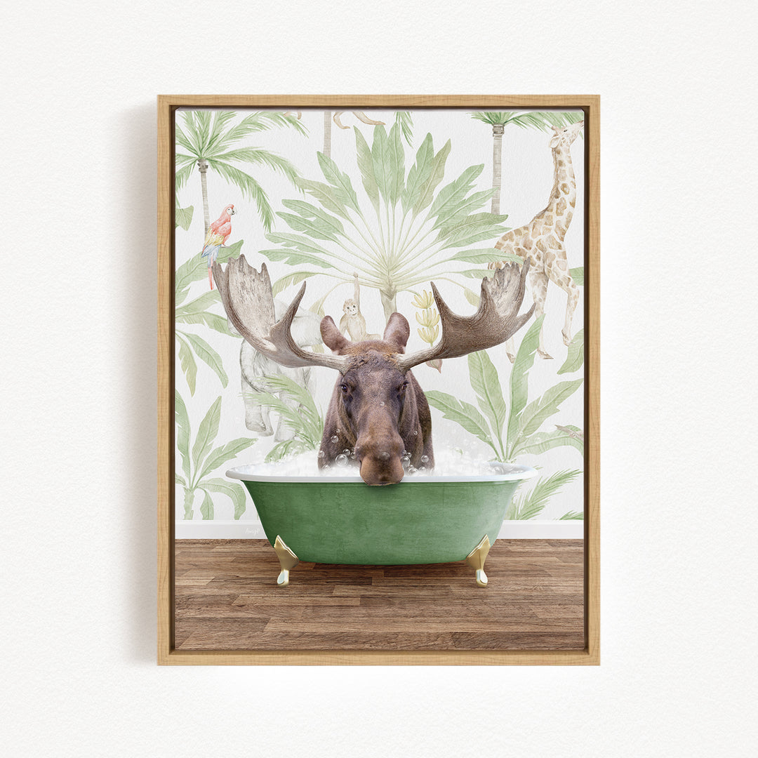 A moose is sitting in a green bathtub, surrounded by tropical foliage and animals, creating a whimsical and playful scene.