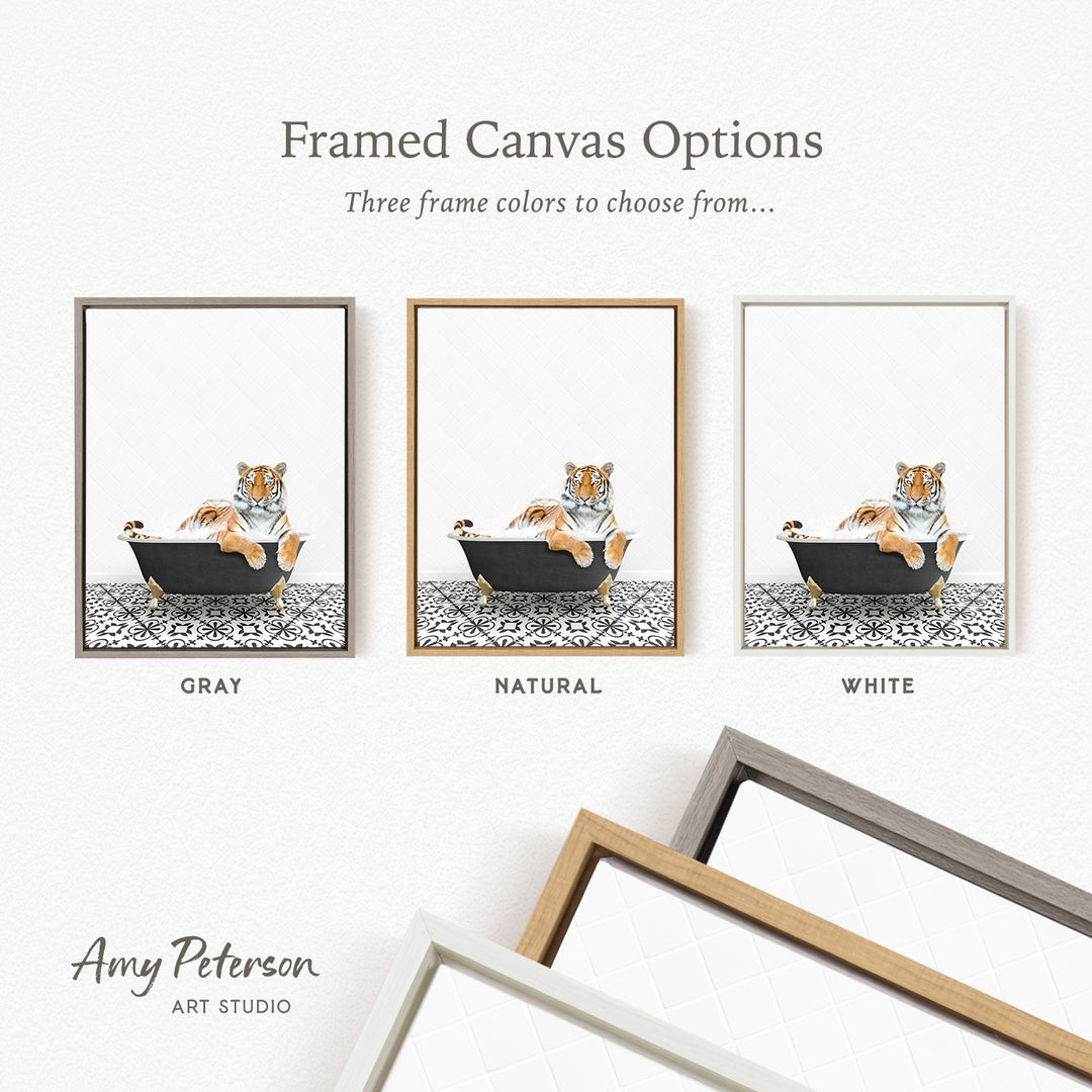 three framed canvas options, each featuring a tiger sitting in a bathtub. The options include a gray, a natural, and a white frame.