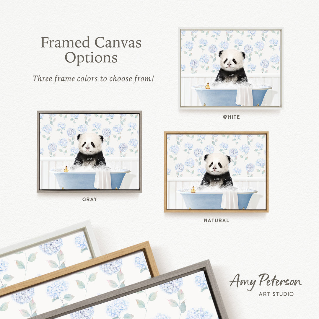 The image is a framed canvas with three different color options for a panda bear bath. The panda bear is depicted in a bathtub, surrounded by flowers, and the image is labeled with the names "White", "Grays", and "Natural".