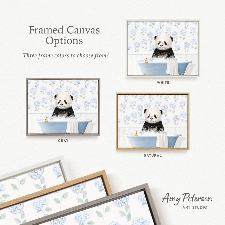 The image is a framed canvas with three different color options for a panda bear bath. The panda bear is depicted in a bathtub, surrounded by flowers, and the image is labeled with the names "White", "Grays", and "Natural".