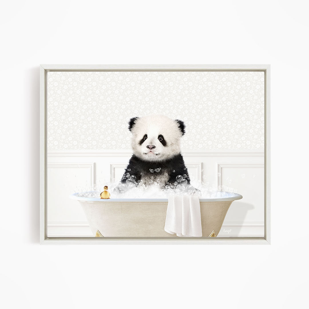 A cute panda bear sitting in a bathtub filled with bubbles, surrounded by a white and beige patterned background.