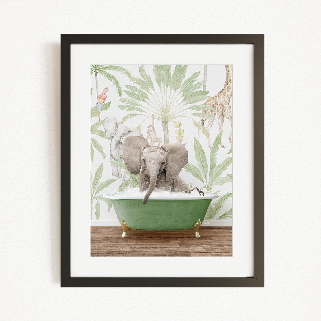 A framed image depicting an elephant sitting in a green bathtub, surrounded by various animals and plants, creating a whimsical and playful scene.