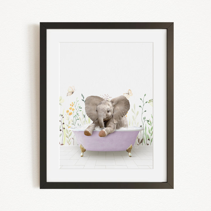 A baby elephant sitting in a pink bathtub, surrounded by flowers and butterflies.